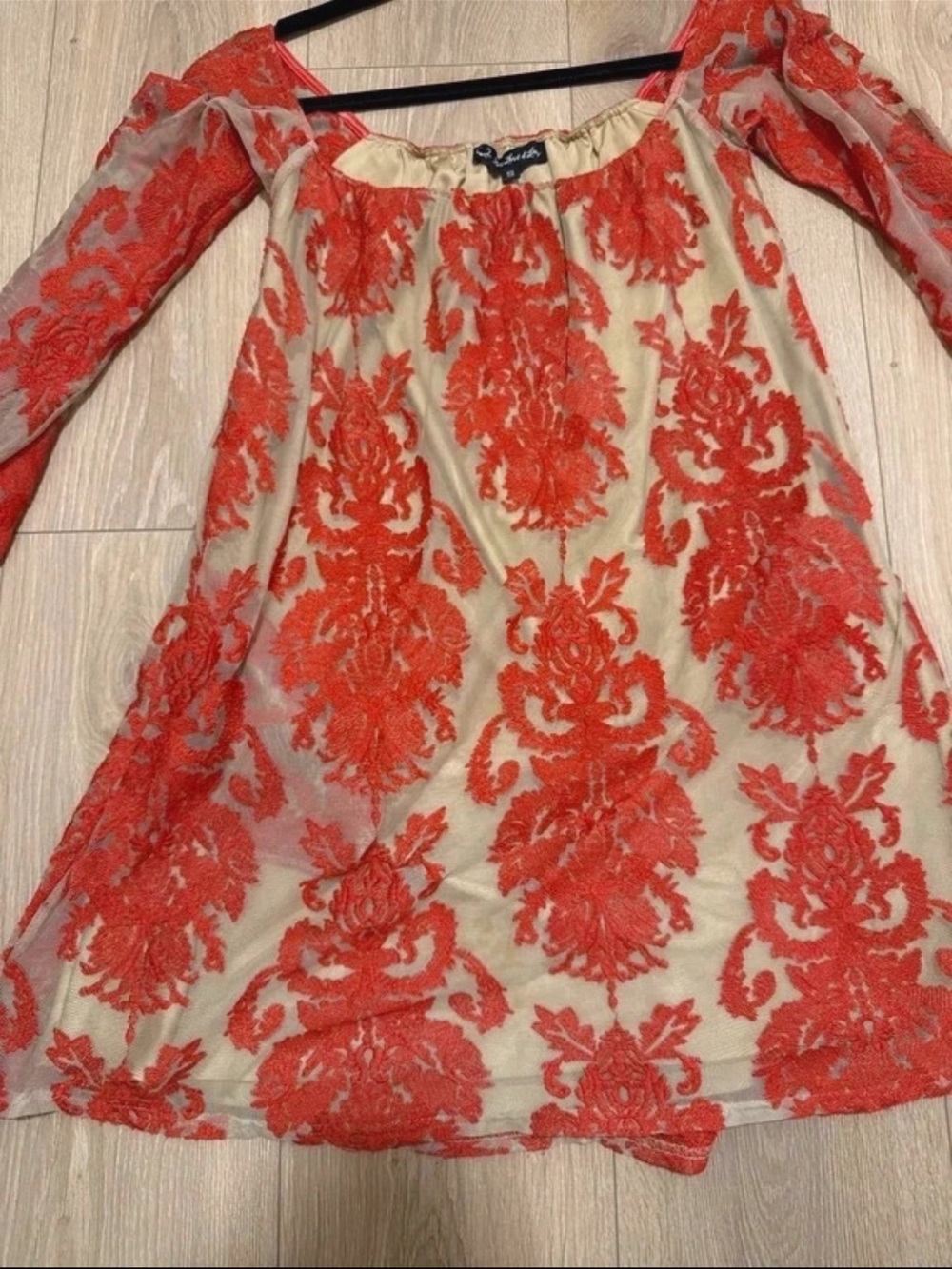 For Love and Lemons Off-Shoulder Peasant Coral Mini Mesh Bell Sleeve Dress - Picture 4 of 9